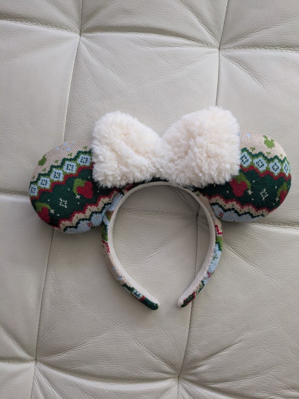 Disney Green Patterned Ear Headband with Cream Plush Bow